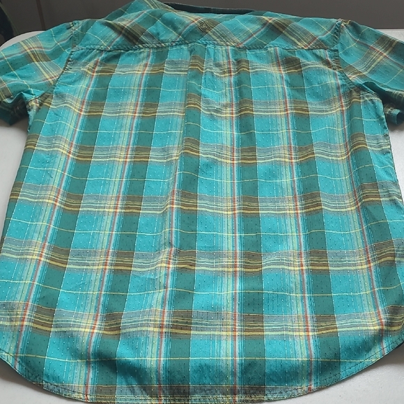 LG prAna Ostend Plaid Short Sleeve Shirt Organic Cotton Blend Green Yellow - Picture 10 of 10